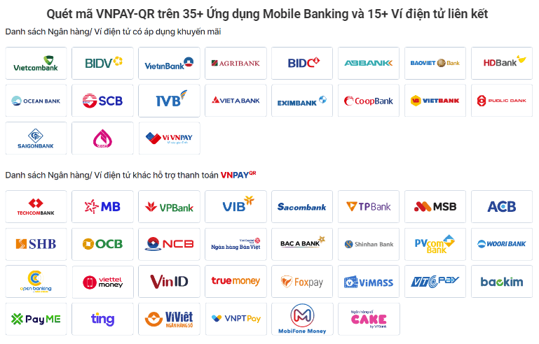 Quét mã VNPAY-QR trên 35+ ứng dụng Mobile Banking và 15+ Ví điện tử liên kết