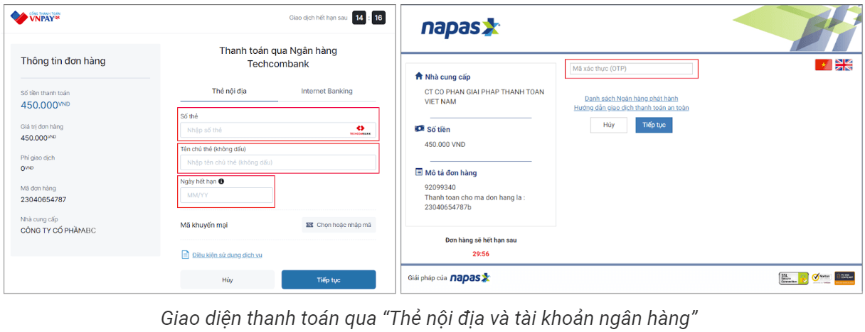 Giao diện thanh toán qua "Thẻ nội địa và tài khoản ngân hàng"