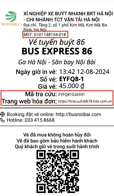 Trang tra cứu HĐDT HILO với thông tin vé mẫu