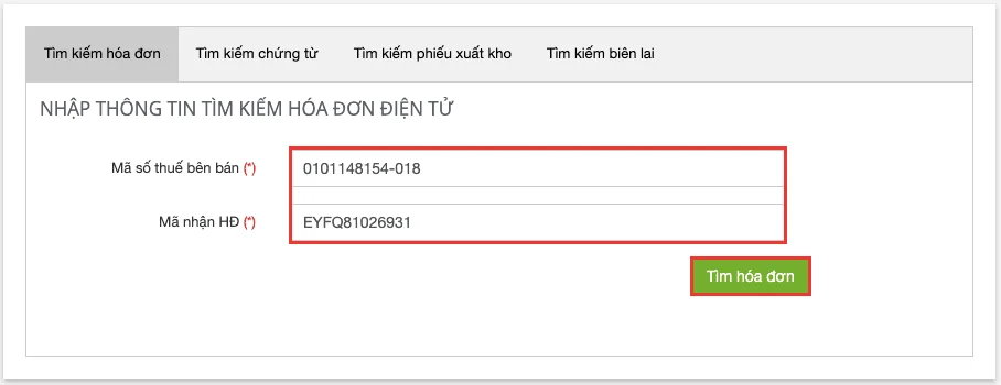 Form nhập Mã số thuế và Mã nhận hóa đơn