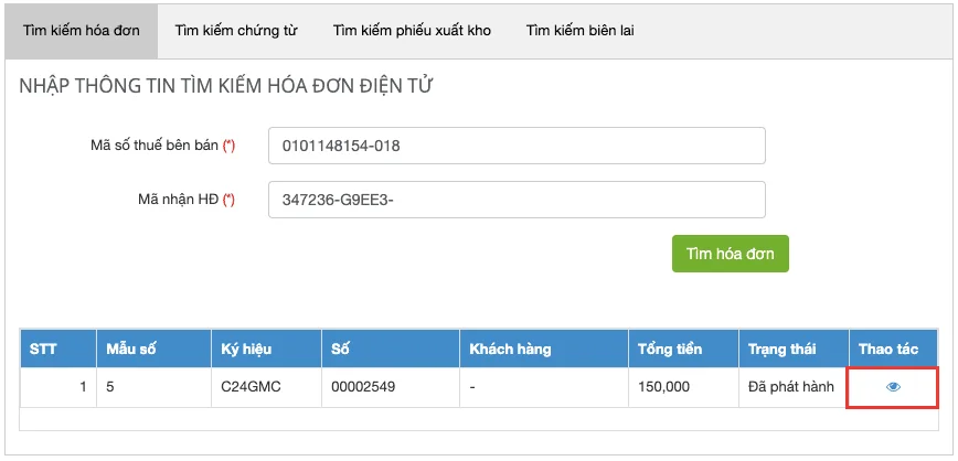 Kết quả hiển thị hóa đơn điện tử