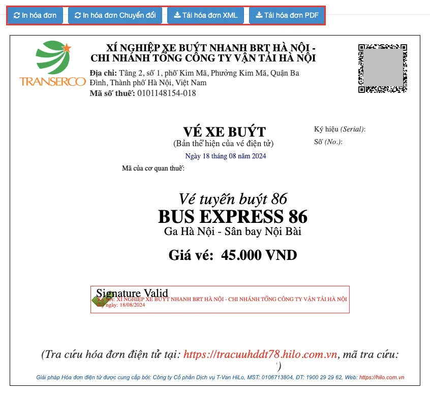 Các tùy chọn in và tải hóa đơn